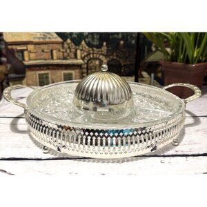 Vintage Silver-Plated Glass Relish Tray With Lid & Handles